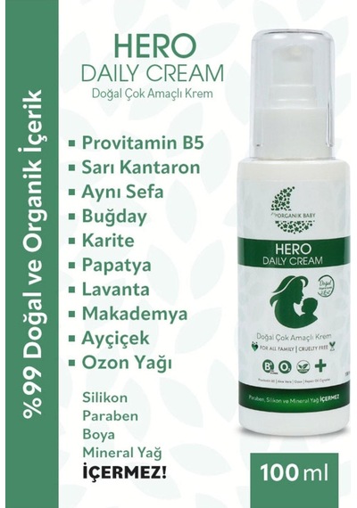 Organik Baby Çok Amaçlı Hero Daily Cream Krem - %99 Doğal Içerik Provitamin B5 Içeriği 100 Ml
