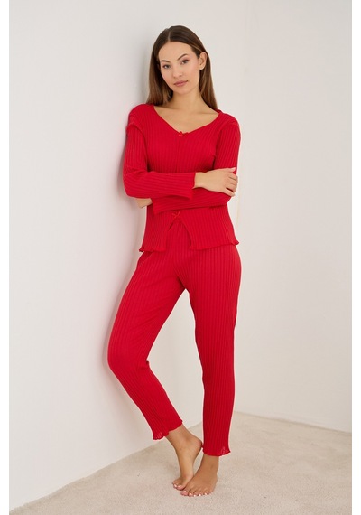 Siyah İnci Fitilli Kaşkorse Uzun Kollu Pijama Takım 7937 Kırmızı