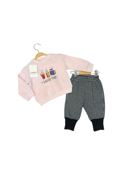 Çikoby Kız Bebek Smoothie Sweat Pitikare Pantolonlu Takım-13579 Pudra