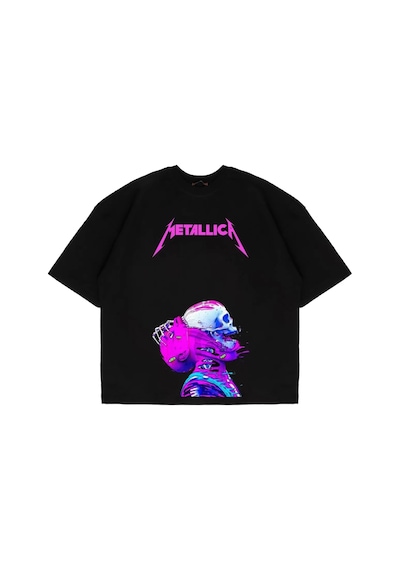 Tarzsokak Metallica Neon Pembe Baskılı Beyaz Unisex Oversize Siyah