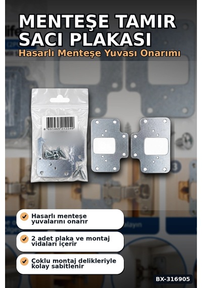 Menteşe Tamir Sacı Plakası Mobilya Dolap Kapağı Onarım Plaketi, 2 Adet Bx-316905 007