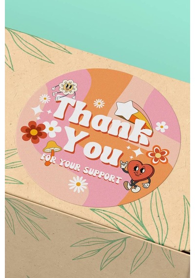 90 Adet Thank You Teşekkür Etiketi Retro Groovy 3x3cm St2050 Çok Renkli