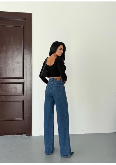 Kadın Nakış Detaylı Wide-leg Jean Kot Pantolon Mavi+koyu