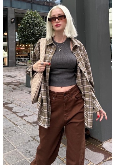 Seeh Haki Oversize Ekose Desenli Kadın Gömlek Sh334 Ekoseli