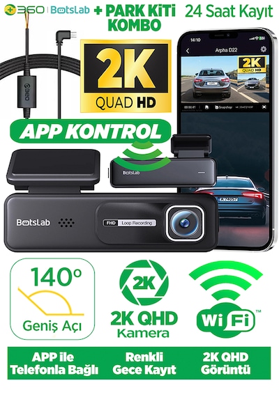 360+ Botslab HK30 Pro 2K QHD WiFi 140° Geniş Açı Gece Görüşlü Araç İçi Kamera+ Park Modu Kiti Combo
