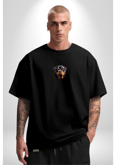 Rottweiler Kafası Siyah Oversize Unisex Ön Orta Minimal Baskılı Tişört Siyah