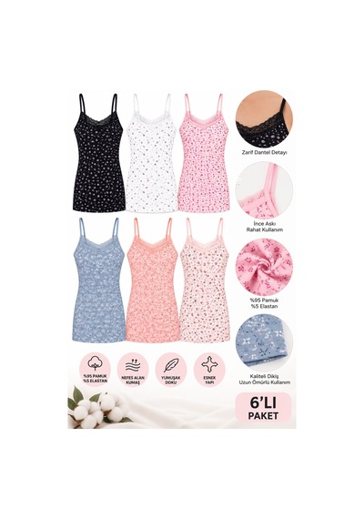 Westicgiyim Kadın İp Askılı Dantelli Atlet 6 Lı Paket %95 Pamuk Likralı Desenli Asorti İç Giyim M-l-xl-2xl Çok Renkli