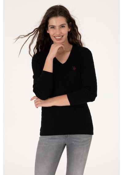 U.S. Polo Assn. Kadın Siyah V Yaka Basic Kazak 50313625-VR046