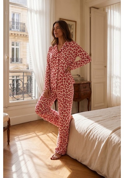 Fit Women Kadın Gömlek Yakalı Rahat Ev Giyimi Kırmızı Pijama Takımı