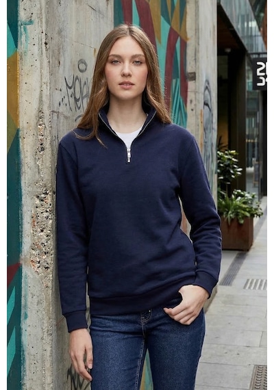 Tudors Unisex Relax Fit Rahat Kesim Pamuklu İçi Polarlı Yarım Fermuarlı Lacivert Dik Yaka Sweatshirt-32669 Lacivert