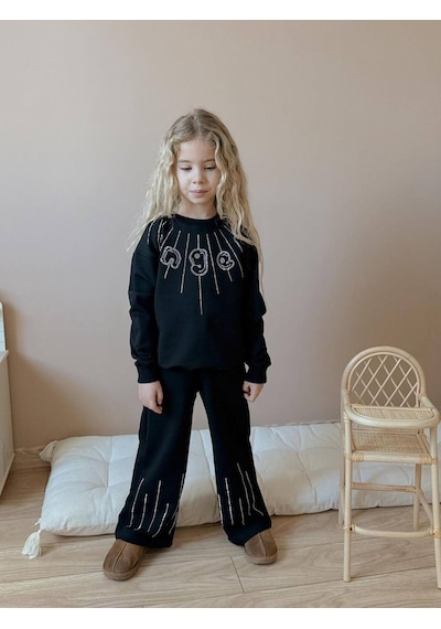Miniko Kids Kız Çocuk Bayramlık Angel Taşlı 2li Pamuk Takım Siyah