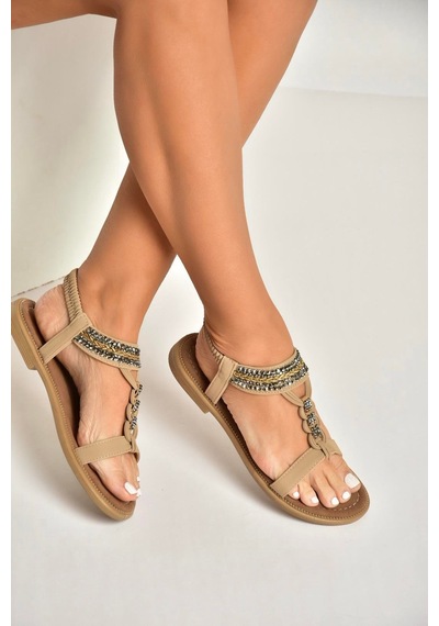 Fox Shoes Y274601309 Ten Düz Tabanlı Taş Detaylı Kadın Sandalet Ten