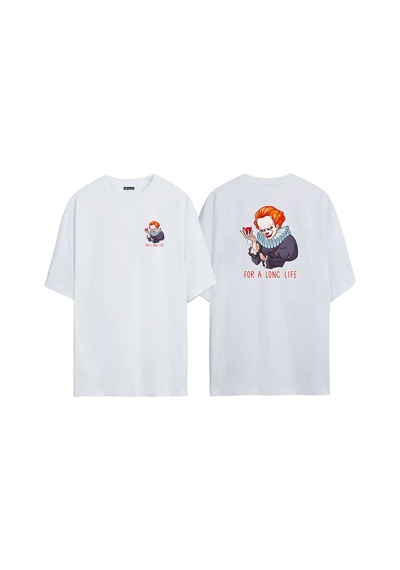 Thewert Unisex Palyaço For A Long Lıfe Ön Arka Baskılı Beyaz Oversize T-shirt