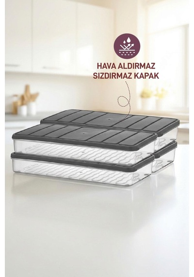 4 Adet 1 Lt. Nora Organizer Buzdolabı Buzluk Düzenleyici Saklama Kabı Gri