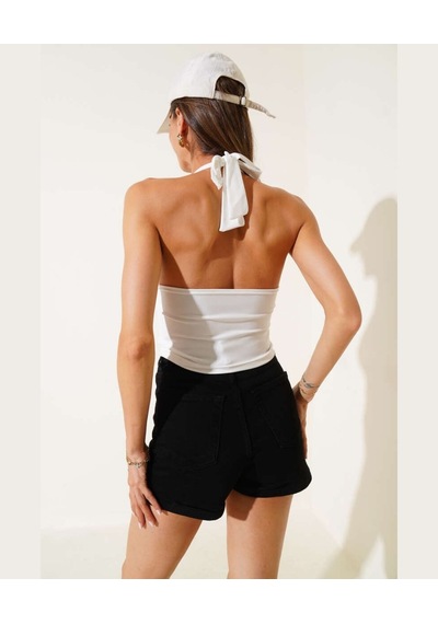 Intive V Yaka Çıkarılabilir Padli Boyundan Bağlamalı Croptop/büst Beyaz