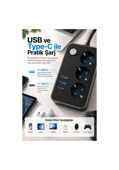 Robeve Blic 3 Lü Termal Akım Korumalı Uzatma Prizi 2 Metre Kablolu, 2 Usb + 1 Type-c Hızlı Şarj, Çocuk Korumalı, Aç/kapa Anahtarlı Çoklu Priz Grup Priz Grup Uzatma Prizi 3'lü Priz 2 M Robeve Blic 3 Lü Termal Akım Korumalı Uzatma Prizi 2 Metre Kablolu, 2 Usb + 1 Type-c Hızlı Şarj, Çocuk Korumalı, Aç/kapa Anahtarlı Çoklu Priz Grup Priz Grup Uzatma Prizi 3'lü Priz 2 M