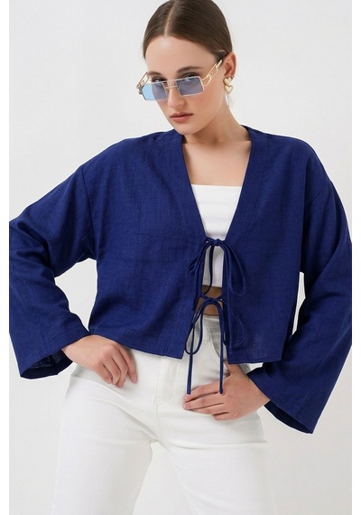 Bigdart Önü Bağlamalı Keten Kimono 960 - Saks