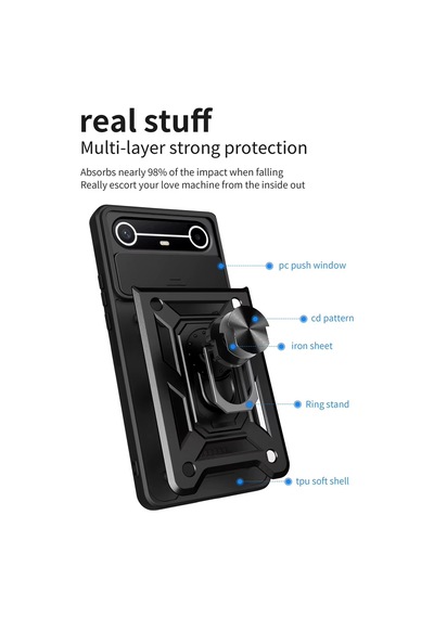 Caseonn Tecno Spark Slim 5g Kılıf Sürgülü Kamera Korumalı Yüzüklü Mıknatıslı Tank Kapak Siyah