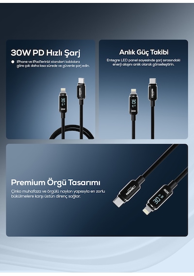 Type-c To Lightning Apple Uyumlu iPhone Şarj Kablosu 30w Pd Hızlı Şarj, 1.2m, Led, Örgü, 480mbps X6426
