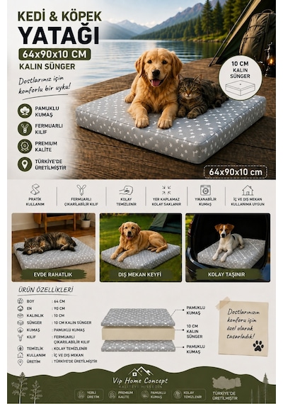 Büyük Irk Köpek Yatağı Süngerli Fermuarlı Yıkanabilir Kılıflı Köpek Minderi 64x90x10 Cm-gri Yıldız