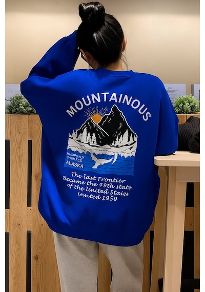 Benroma 3 İplik Penye Mountainous Baskılı Sweatshirt Saks Mavisi