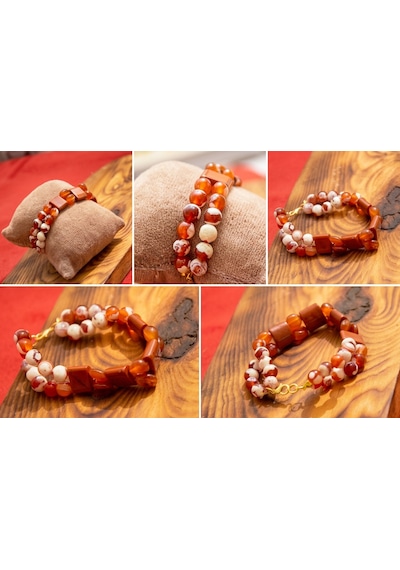 El Yapımı Akik Agate Doğal Taş Bileklik Beyaz-kırmızı