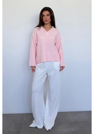 Madmext Pembe V Yaka Triko Kadın Kazak Mg2501 Pembe