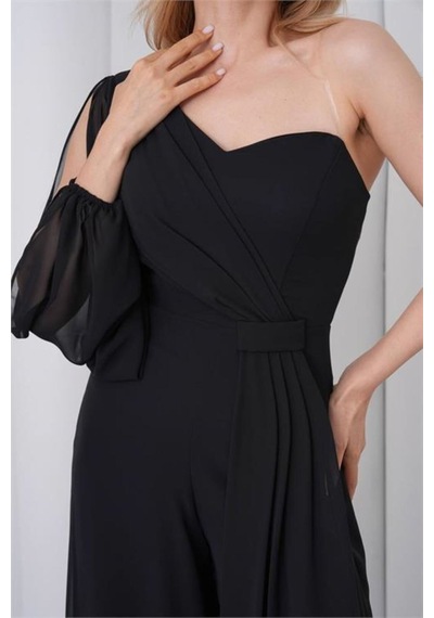 Neşeli Butik Kadın Siyah Tek Kol Astarlı Tül Kumaş Tasarım Abiye Tulum Nbs9389
