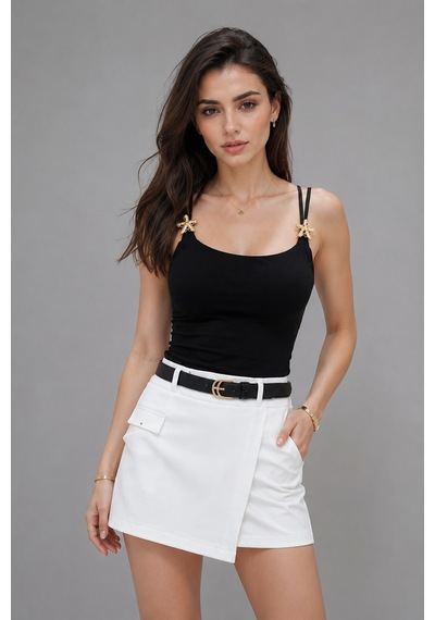 Wild Bee Kadın Siyah Aksesuar Detaylı İp Askılı Slim Fit Bluz