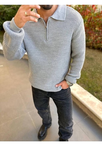 Kazak Örme Oversize Tüylenmez Naturel Pamuk Fermuarlı Polo Yaka Triko Kazak Ekru