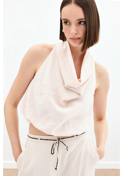 Sateen Degaje Yaka Bluz - Bej Bej