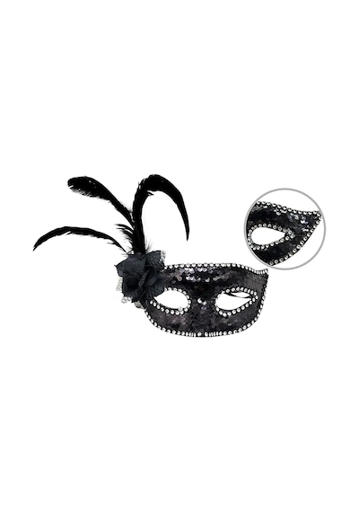 Siyah Renk Yandan Tüylü Güllü Gümüş Taşlı Pullu Maske 20x22 Cm