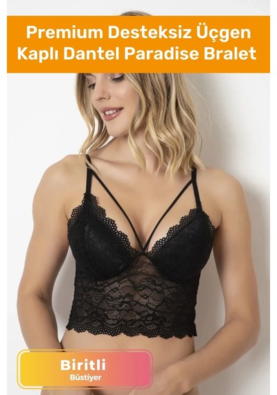 Premium Desteksiz Üçgen Kaplı Dantel Biritli Paradise Bralet Büstiyer