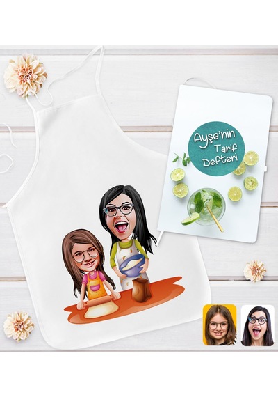 Bk Gift Kişiye Özel Anne Kız Karikatür Tasarımlı Mutfak Önlüğü Ve Yemek Tarif Defteri Hediye Seti-1, Anneye Hediye, Anneler Günü Hediyeleri