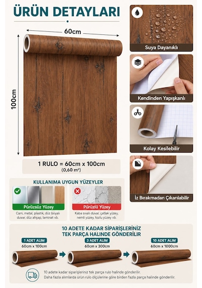 Deconitte Premium Kendinden Yapışkanlı Antik Ceviz Ahşap Desen Mobilya Dolap Masa Tezgah Kaplama Folyosu 60x100cm
