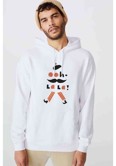 Oh La La Baskılı Beyaz Erkek Örme Kapşonlu Sweatshirt