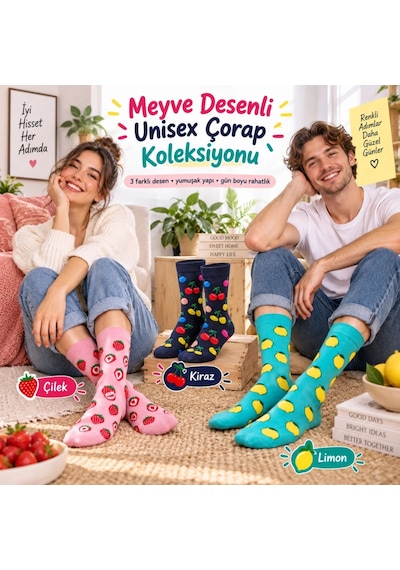 Storeşahin Kadın Ve Erkek Çorap Meyve Desenli Renkli 3'lü Set Uzun Soket Günlük Rahat Çorap Seti Shn0720 Çok  Renkli