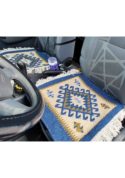 Reversible Oto Koltuk Kilim Seti 3 Parça Makine Dokuma Akrilik & Polyester Saçaklı - Mavi