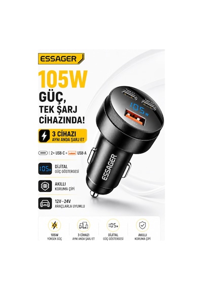 Essager 105w Araç İçi Hızlı Şarj Cihazı 3 Port 2 Type-c Usb Pd Dijital Ekranlı Çakmaklık Adaptörü