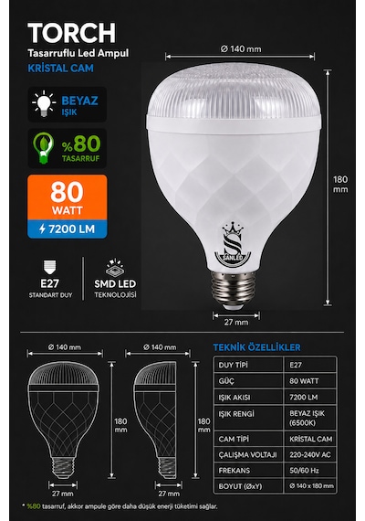 80w Kristal Tasarruflu E27 Beyaz Işık Torch Led Ampul-1-2-4-6-8-10 Adettir 1 Adet