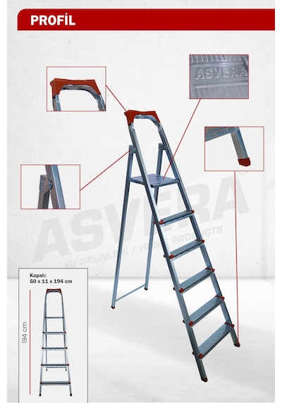 Asvera 5+1 6 Basamaklı Ev Tipi Katlanabilir Profil Merdiven - Sağlam Çelik Boya Merdiveni