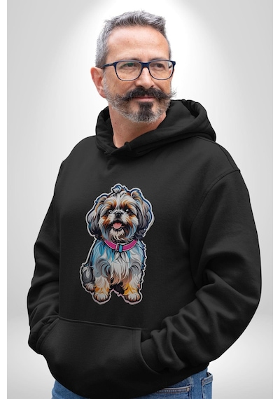 Shih Tzu Renkli Köpek Kadın Erkek Siyah Kapüşonlu Sweatshirt Hoodie Siyah