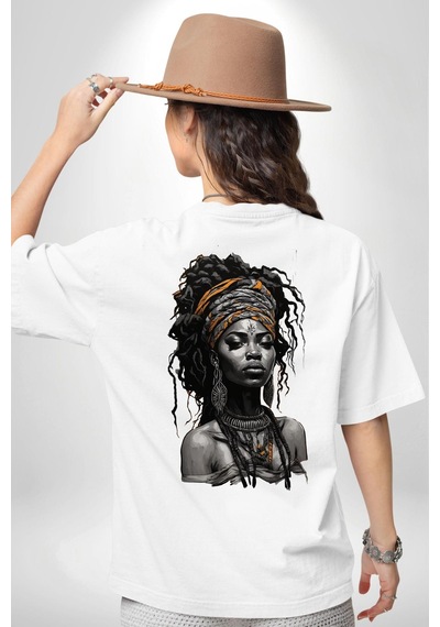 Afrikalı Kadın Sanat Siyahi Beyaz Oversize Unisex Ön Ve Sırt Baskılı Tişört Beyaz