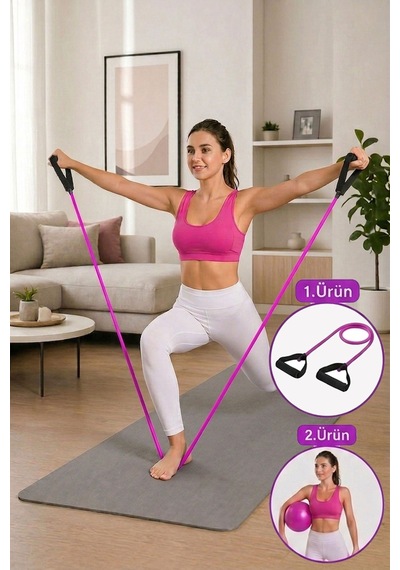 Yüksek Sert Tutacaklı Pilates Direnç Lastiği + Denge Topu 2li Set Mor