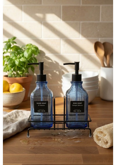 Makri Home Modern Çizgili Desenli Cam Ikili Sıvı Sabunluk & Deterjanlık Seti, Mavi - 500 Ml Cam Sabunluk Mavi