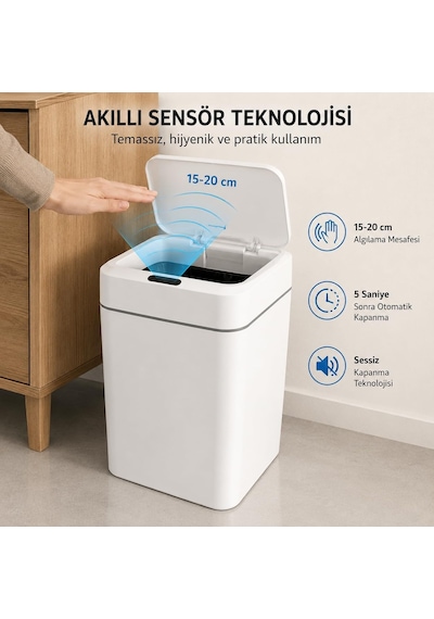 18 Litre Sensörlü Çöp Kovası, Otomatik Temassız Akıllı Çöp Kutusu, Sessiz Kapanan Kapaklı, 2 Aa Pille Çalı