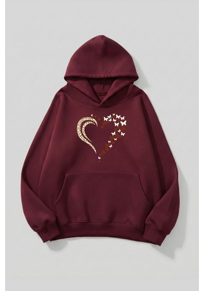 Uyguntarz Unisex Yumuşak Dokulu Kelebek Leoparlı Kalp Baskılı Tasarım Oversize 3 İplik Hoodie Sweatshirt Bordo