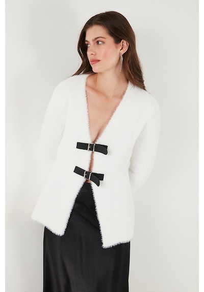 Lela Premium Regular Fit V Yaka Çift Kemerli Peluş Bayan Hırka 680Hi00112 Ekru