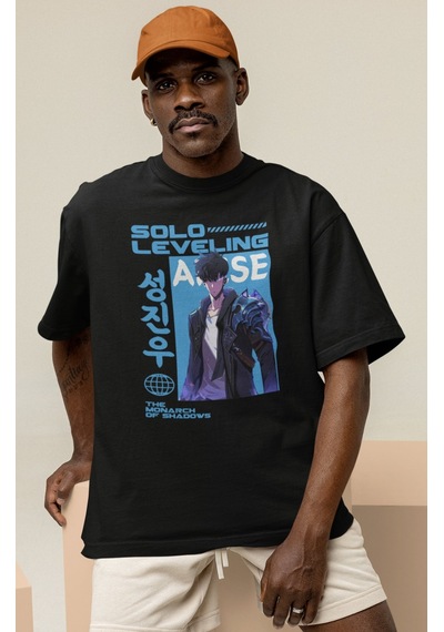Solo Leveling Arise Baskılı Unisex Oversize Anime Karakter Tişört Siyah
