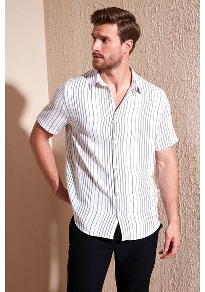 Buratti Çizgili Pamuklu Slim Fit Kısa Kollu Erkek Gömlek Cf23S116097 Beyaz-Siyah